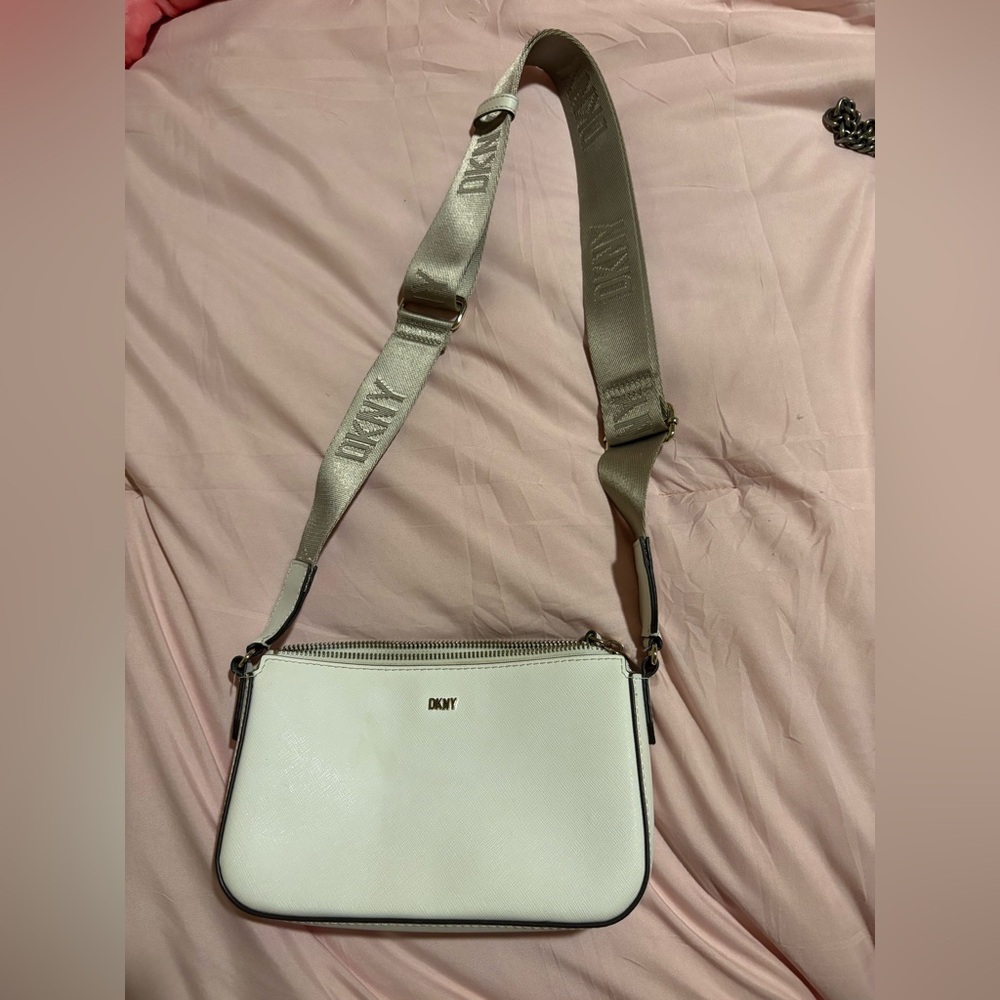 DKNY White Crossbody Bag with Taupe Branded Strap